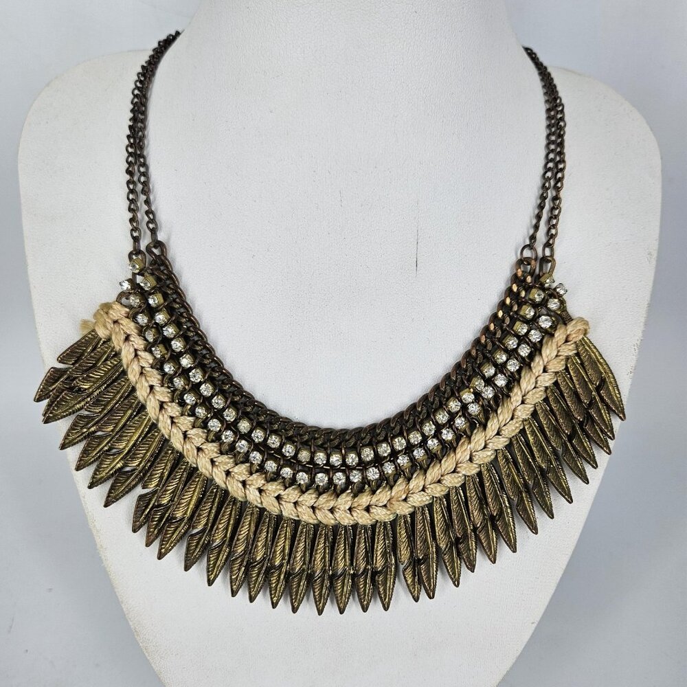 Bib Necklace Gold Tone Boho Statement Feather Fringe Rhinestone 16" Braided Cord - Picture 2 of 10
